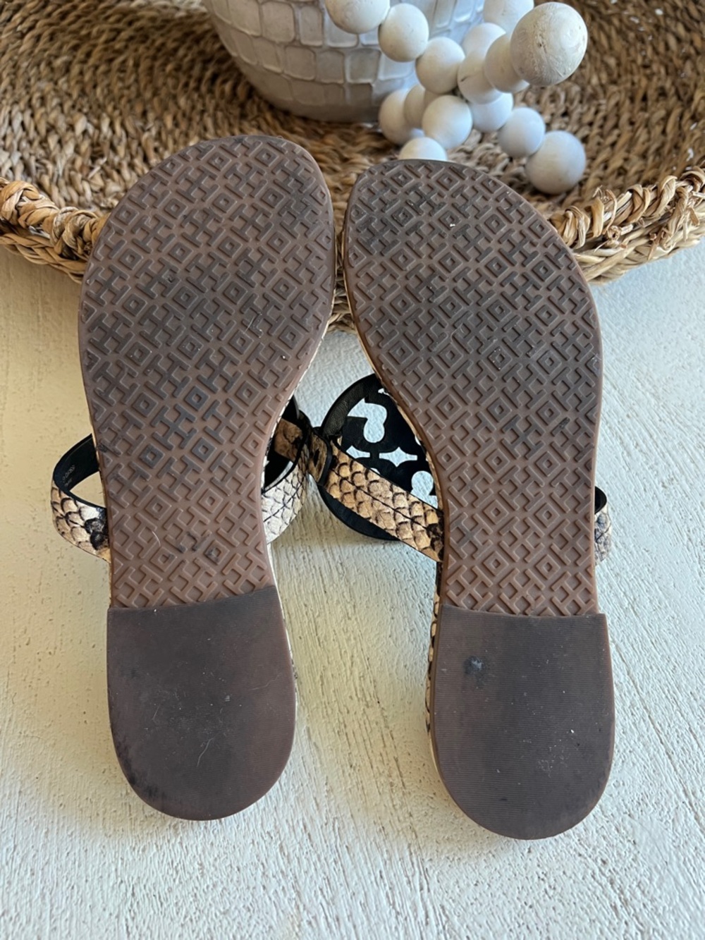 Tory Burch Black and Beige Snake-Print Miller Sandals with Gold Logo - Picture 4 of 6